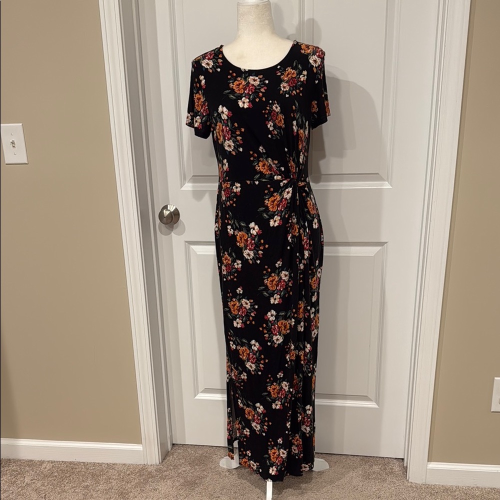 Maurices Black Maxi Dress with Red and Pink Floral Design